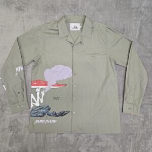 Jungle Jungle Men's Small Button Up Shirt Mushroom Graphic Psychedelic Art Green